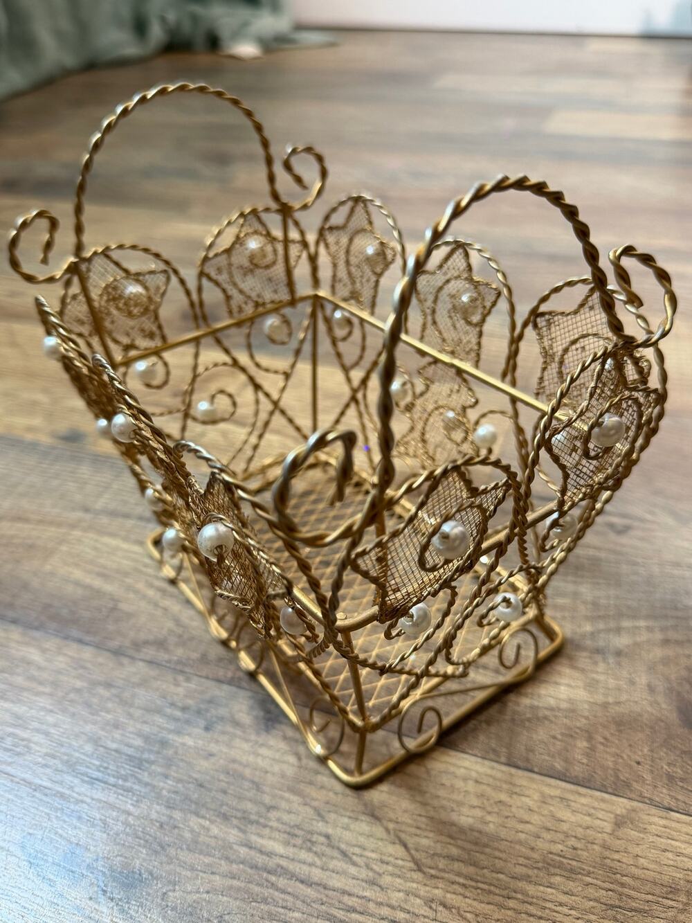 Vintage Gold Filigree Wire Basket Faux Pearl Vanity Jewelry Catchall Cottagecore